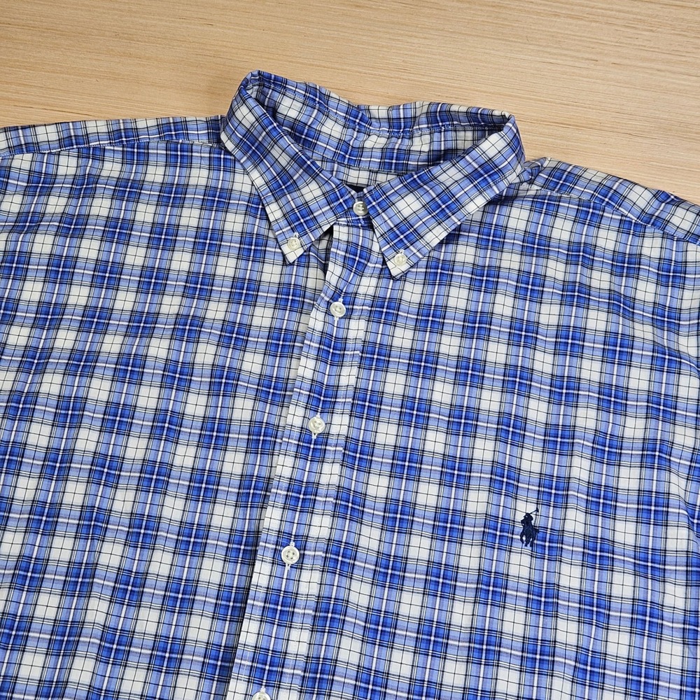 Ralph Lauren Button Down Shirt Mens 2XB Blue Plaid Short Sleeve Stretch Cotton